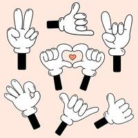 Retro comic hands gestures in gloves set .Doodle arm pointing finger show different signs,rock sign,heart,peace and victory,shaka sign,thumbs up.Cartoon groovy funny hands isolated illustration vector