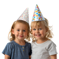 Happy birthday kids wearing birthday hat on isolated transparent background png