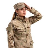 Female military personnel salute on isolated transparent background png