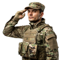 Portrait of male soldier in camouflage saluting on isolated transparent background png