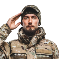 Portrait of male soldier in camouflage saluting on isolated transparent background png