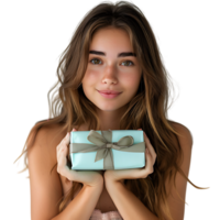 Young pretty woman holding a gift on isolated transparent background png