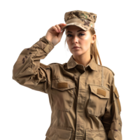 Female military personnel salute on isolated transparent background png