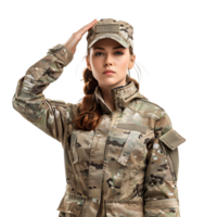 Female military personnel salute on isolated transparent background png