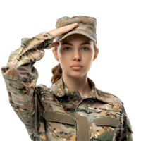 Female military personnel salute on isolated transparent background png