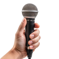 Hand holding giving microphone on isolated transparent background png