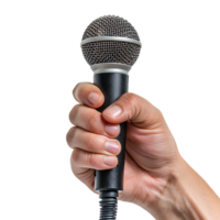 Hand holding giving microphone on isolated transparent background png