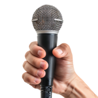 Hand holding giving microphone on isolated transparent background png