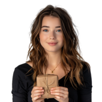 Young pretty woman holding a gift on isolated transparent background png