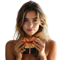 Young pretty woman holding a gift on isolated transparent background png