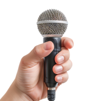 Hand holding giving microphone on isolated transparent background png