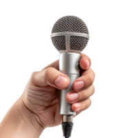 Hand holding giving microphone on isolated transparent background png