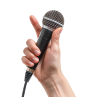 Hand holding giving microphone on isolated transparent background png