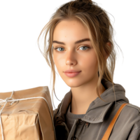 Delivery caucasian woman on isolated transparent background png