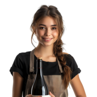 Portrait of beautiful smiling waitress holding bottle of wine on isolated transparent background png