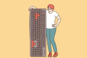 Woman is holding large computer keyboard, encouraging you to become freelancer and work remotely vector