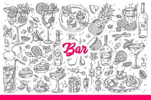 Alcoholic drinks from bar in bottles and glasses for cold cocktails. Hand drawn doodle vector