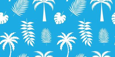 Seamless pattern with tropical Leaves, palm tree. illustration. blue background. vector