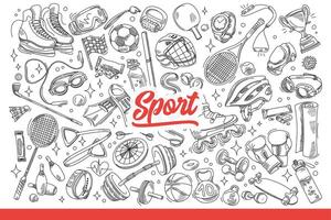 Sports inventory for fitness and physical education for healthy lifestyle. Hand drawn doodle. vector