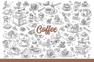 café accesorios y frijoles para delicioso, vigorizante desayuno. mano dibujado garabatear. vector