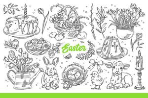 Pascua de Resurrección huevos y pasteles cerca flores o animales simbolizando religioso día festivo. mano dibujado garabatear. vector
