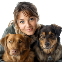 Woman with 2 pet dogs on isolated transparent background png