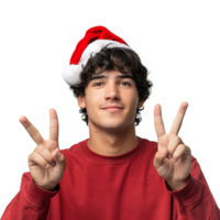 Jeune homme portant une Noël chapeau tandis que faire des gestes sur isolé transparent Contexte png