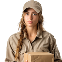 Delivery caucasian woman on isolated transparent background png