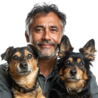 Mens met 2 huisdier honden Aan geïsoleerd transparant achtergrond png