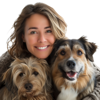 Woman with 2 pet dogs on isolated transparent background png