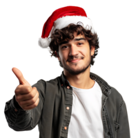 Young man wearing a christmas hat while gesturing on isolated transparent background png