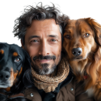 Mann mit 2 Haustier Hunde auf isoliert transparent Hintergrund png