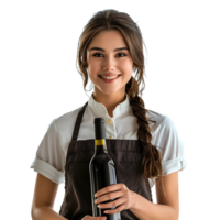 Portrait of beautiful smiling waitress holding bottle of wine on isolated transparent background png