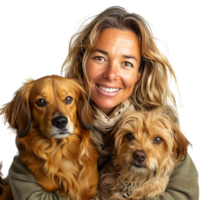 Woman with 2 pet dogs on isolated transparent background png