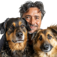 uomo con 2 animale domestico cani su isolato trasparente sfondo png