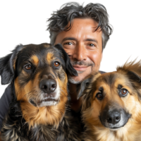 Man with 2 pet dogs on isolated transparent background png