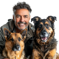 uomo con 2 animale domestico cani su isolato trasparente sfondo png
