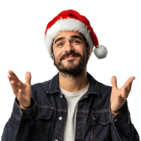 Young man wearing a christmas hat while gesturing on isolated transparent background png