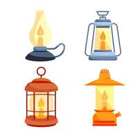 lantern Camp lamp set. Fuel Lanterns Traditional Illumination Device. Various handle gas lamps vector