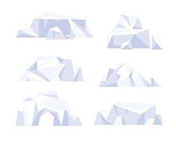 Varieties icebergs set. Antarctic cartoon ice. Floating ice mountain. Melting icebergs and frozen icy blocks. vector