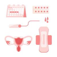 menstruación tema, productos periodos, femenino higiene. mujer climatérico. sanitario almohadillas y tampones vector