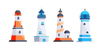 Set of lighthouses. Tower with floodlight on coast for maritime navigation vector