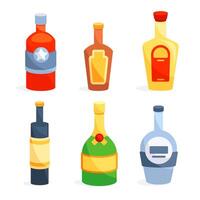 Alcohol glass bottles. Champagne, beer and brandy on white background vector