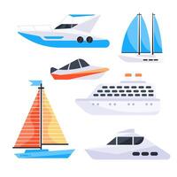 Luxury yachts, Motorboat and sailboats set. Sail vessel. Various types of water transport vector