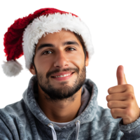 Young man wearing a christmas hat while gesturing on isolated transparent background png
