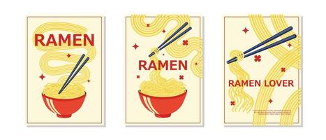 plano diseño ramen vertical volantes modelo. ilustración asiático tallarines con palillos. conjunto de diseños vector