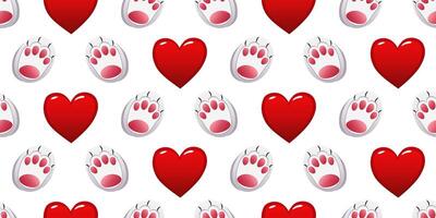 A pattern of hearts and paw prints on a white background. For fabric, wallpaper, wrapping paper, packaging. vector