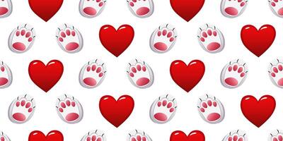 A pattern of hearts and paw prints on a white background. For fabric, wallpaper, wrapping paper, packaging. vector