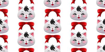 Childish pattern with cute kittens and red ribbon bows on a white background. For fabric, wallpaper, wrapping paper, holiday packaging. vector