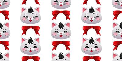 Childish pattern with cute kittens and red ribbon bows on a white background. For fabric, wallpaper, wrapping paper, holiday packaging. vector